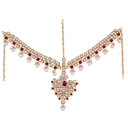 Aheli Bollywood Style Indian Bridal Choker Necklace Matha Patti Nose Ring Haath Phool Wedding Fashion Bharatanatyam jewellery set for Women - color: Pink