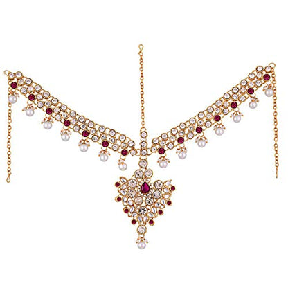 Aheli Bollywood Style Indian Bridal Choker Necklace Matha Patti Nose Ring Haath Phool Wedding Fashion Bharatanatyam jewellery set for Women - color: Pink