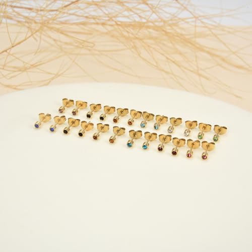 12 Pairs Ear Piercing Stud Earrings for Ear Piercing Guns, Surgical Stainless Steel Multicolor Round Heart Star Cubic Zirconia Birthstone Stud Earrings Set - style: Gold round 3mm