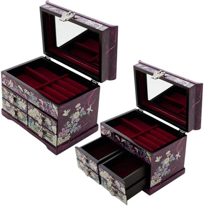 February Mountain Mother of Pearl Jewelry Box – Elegant Korean Jewelry Organizer with Velvet Lining, Unique Christmas Gift for Women, Mom, and Grandma, Decorative Keepsake Box for Rings and Treasures - style: Crane and Pine Tree - Purple
