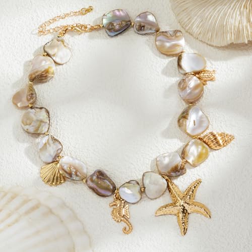 Boho Chunky Shell Necklace for Women Baroque Pearl Pendant Necklaces Irregular Shell Beaded Choker Necklace Trendy Vacation Jewelry Accessories - color: White2