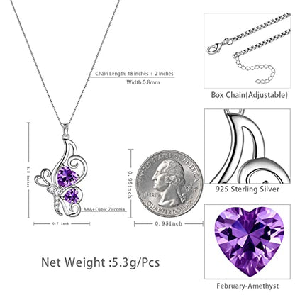 Butterfly Heart Necklace Birthstone Pendant Necklace Earrings Bracelet Women 925 Sterling Silver Animal Butterflies Birthstone Pendant Crystal Birthday Jewelry Wedding Gift - color: B.February-necklace