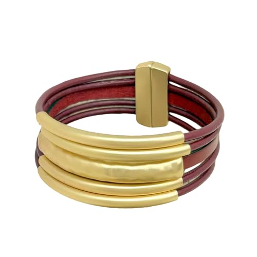 Bracelets for Women Leather Bracelet Multi-Layer Rope Wrap Bangle 14k Gold Plated Cirle Hollow Tube Boho Cuff Bangle Bracelets for Women Gift - style: Tube-Wine Red Leather Bracelet