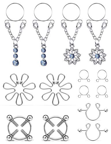 Cisyozi 5Pairs Stainless Steel Fake Nipple Rings for Women Non-Piercing Dangle Nipplerings Faux Body Piercing Jewelry - color: Silver Tone