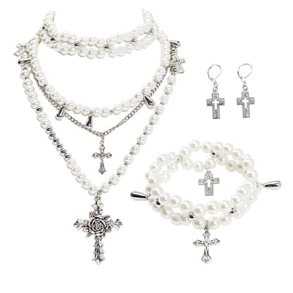 Bocar Gothic Cross Layered Pearl Necklace Chunky Statement Stacked Necklace Y2K Silver Layered Necklace for Women (NK-10769) - color: set