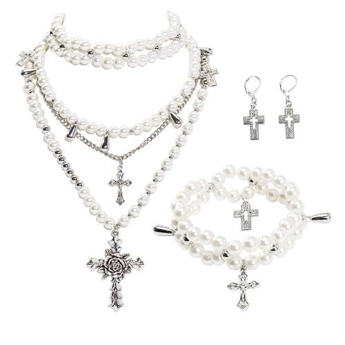Bocar Gothic Cross Layered Pearl Necklace Chunky Statement Stacked Necklace Y2K Silver Layered Necklace for Women (NK-10769) - color: set