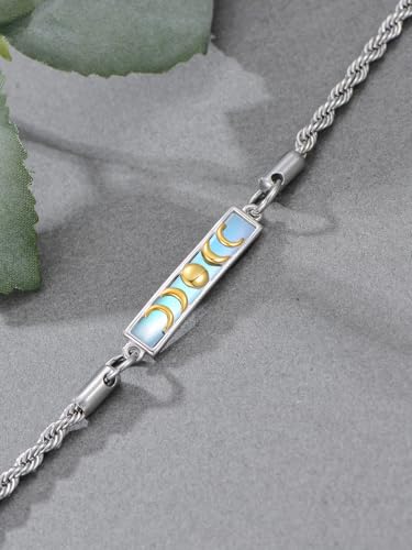 Waves/Tree of Life/Mushrooms/Moon Phase/Butterfly/Hummingbird Bracelet/Anklet 925 Sterling Silver Adjustable Abalone Shell Bar Bracelet/Anklet Summer Jewelry Gifts for Women - color: Moon Phase-Moonstone, size: Bracele 7"+2"