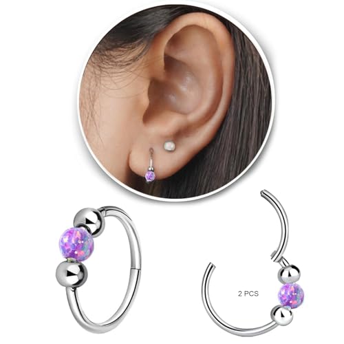 2PCS 18G Opal Cartilage Hoop Earrings, Hypoallergenic Silver Huggie Hoops | 316L Surgical Stainless Steel, 8mm 10mm sizes, hinged closure for easy wear, helix, tragus, conch, nose and daily styling - style: 2Pcs 10mm Purple Opal/Silver