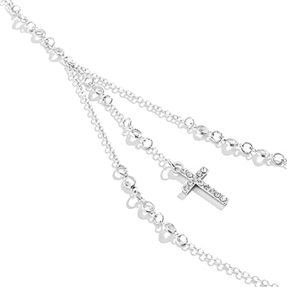 Summer Beach Crystal Cross Pendant Bra Body Chest Chain Rhinestone Long Tassel Waist Body Chain Necklace Sexy Crystal Belly Chain Jewelry for Women - color: Silver