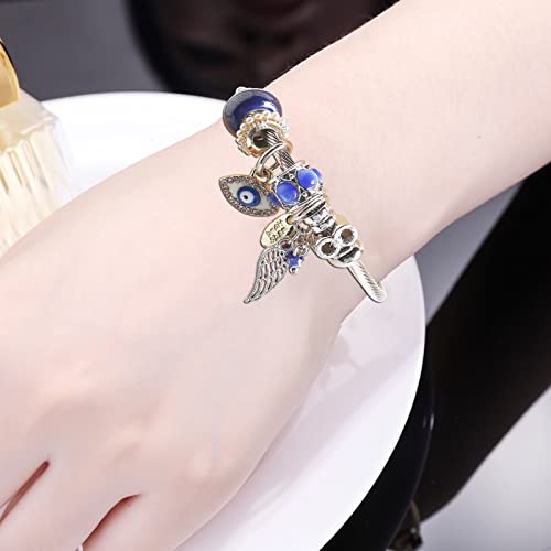 DS Charm Bracelets for girls,exquisite cute cartoon friendship bracelets Silver Stainless Steel Bangle with birthday Gift box, Adjustable girls jewelry Suitable for holiday gifts - style: Silver-blue evil eye
