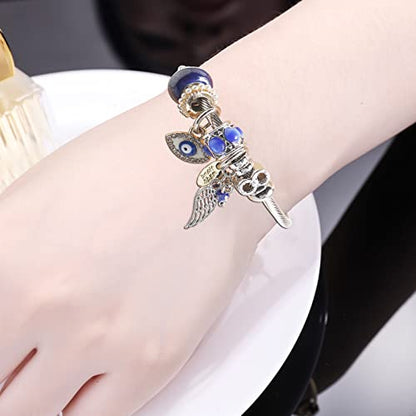 DS Charm Bracelets for girls,exquisite cute cartoon friendship bracelets Silver Stainless Steel Bangle with birthday Gift box, Adjustable girls jewelry Suitable for holiday gifts - style: Silver-blue evil eye
