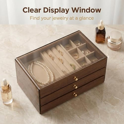 3 - Layer Wooden Drawers Jewelry Box for Women, Jewelry Organizer with Acrylic Cover & Velvet Lining - Adjustable Compartments for Earrings, Rings, Necklaces, Bracelets, Lipstick - size: 10"D x 4.5"W x 6.8"H