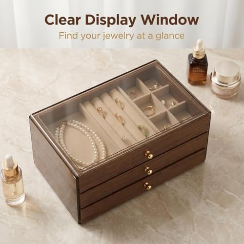 3-Layer Wooden Drawers Jewelry Box For Women,Jewelry Organizer with Acrylic Cover & Velvet Lining-Adjustable Compartments for Earrings Organizer, Rings, Necklaces, Bracelets (normal, 3) - size: normal
