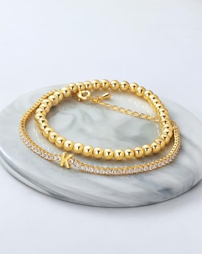 14K Gold Plated Bracelets for Women Dainty Tennis Initial Bracelet Trendy Beaded Stackable Charm Bracelets Layered Waterproof Bracelet Dainty Bracelet for Women Jewelry Gifts - style: D