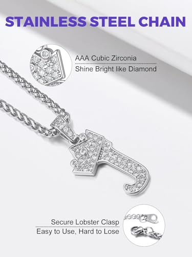 Richsteel Silver Crown Initial A-Z Letter Pendant Necklace for Men Women | Cubic Zirconia Monogram, 316L Steel Chain, 22" + 2" Extender,Hypoallergenic,Gift Box, Hip Hop Jewelry - style: J