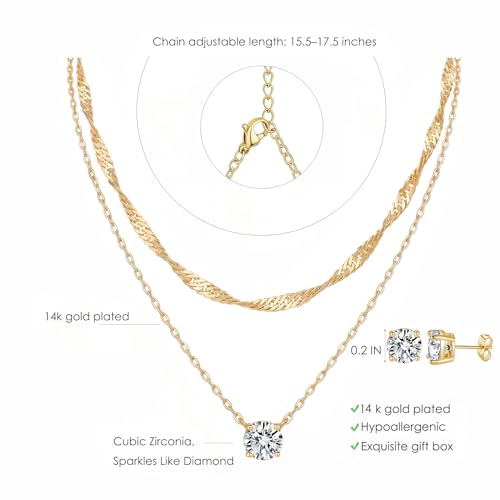 7-Piece Set 14K Gold Plated Jewelry Set Dainty Layered Necklaces CZ Stud Earring Huggie Hoop Earrings Chain Bracelets Gifts for Women - color: Style A-Gold-Necklaces Earrings