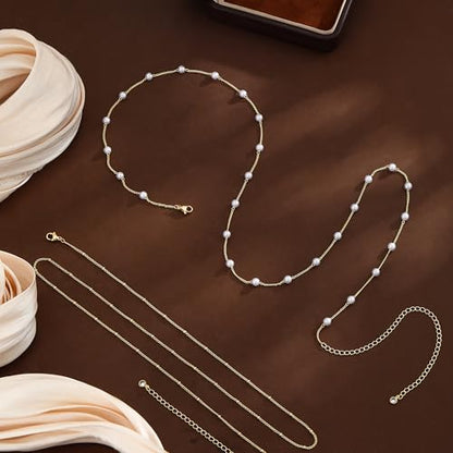 14K Gold Plated Waist Chain for Women Dainty 2Pcs Layered Belly Chain Beaded Pearl Body Chain Belt Set Waterproof Summer Beach Bikini Jewelry Accessories Adjustable Waist Beads Gift - style: 2Pcs Bead&Pearl-GD