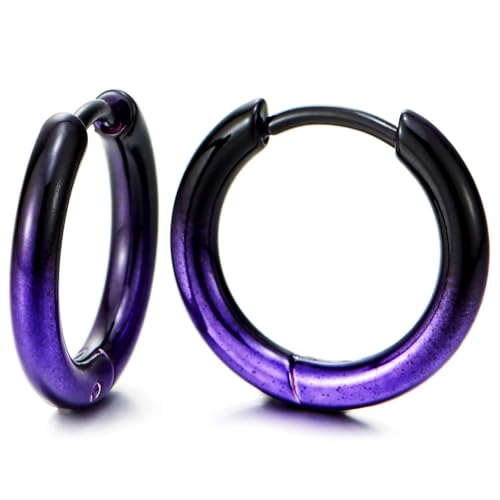 Pair Stainless Steel Oxidized Plain Circle Huggie Hinged Hoop Earrings for Men Women - color: F-Metal Color: Purple & Black, size: Wide:2.5MM