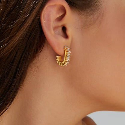 Green Crystal huggie gold hoop earrings for women Girls,14K Gold Plated with 925 Sterling Silver Post color Cubic Zirconia dainty cute Earrings| CZ Stud Earring - color: White stone