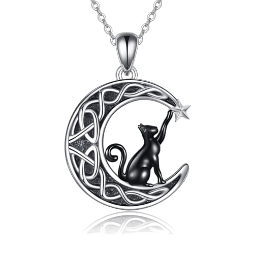 925 Sterling Silver Moon Black Cat Necklace for Women Cat Jewelry - style: J-Black Cat Moon Necklace