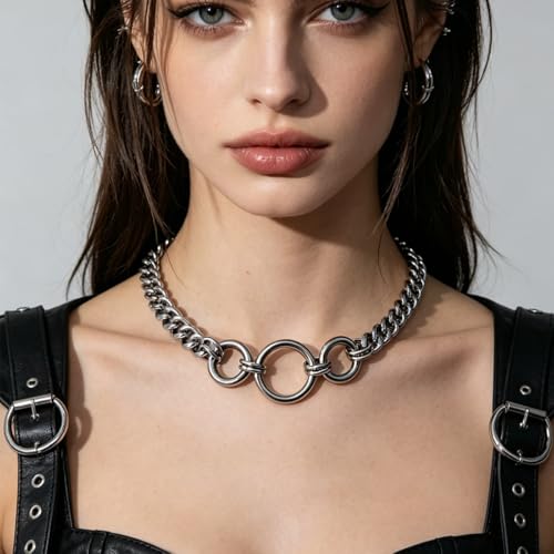 Stainless Steel O Ring Choker Necklace for Women Men Chunky Cuban Chain Collar Punk Statement Jewelry Gift for Edgy Streetwear & Aesthetic Outfits - color: 3 Rings