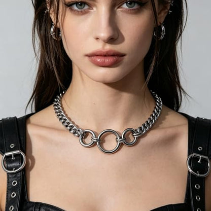 Stainless Steel O Ring Choker Necklace for Women Men Chunky Cuban Chain Collar Punk Statement Jewelry Gift for Edgy Streetwear & Aesthetic Outfits - color: 3 Rings
