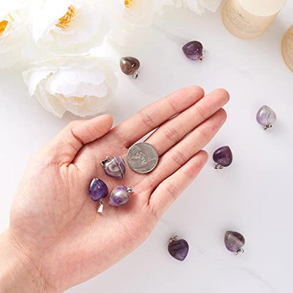 10Pcs Heart Stone Charm Pendants Natural Amethyst Gemstone Pendants with Platinum Brass Loops for DIY Necklace Keychains Earring Crafts Supplies - color: Amethyst