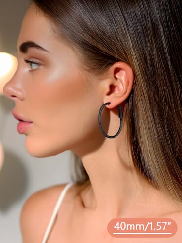 FaithHeart Silver/Black/Gold Stainless Steel Thin Hoop Earrings for Women | 2mm Wide Thin Large Hoop Earrings, Hypoallergenic Lightweight Trendy Jewelry, 20/30/40/50/60/70/80/90/100mm - color: Black, size: 40mm/1.57"