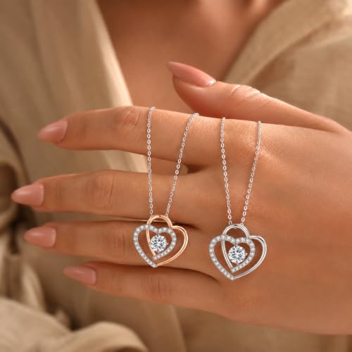Double Heart Pendant Necklace (Women's Style), 2-Carat Moissanite Heart-Shaped Necklace, 18K white gold plating moissanite pendant Anniversary Birthday Gifts for Women, Jewelry Gift for Her Wife Girlfriend - size: 2-Carat white gold