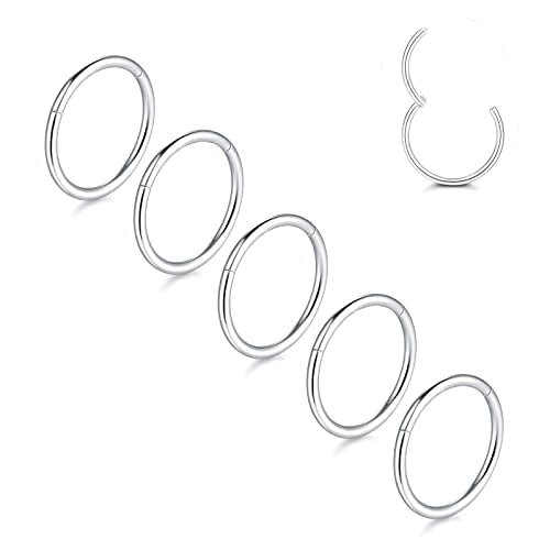 Aumeo 14G 16G 18G 20G Nose Ring Hoop Stainless Steel Hinged Segment Rings Hoops Nose Clicker Ring Tragus Helix Cartilage Daith Rook Earring Piercing Jewelry for Women Men - style: 5pcs 20g 8mm Silver