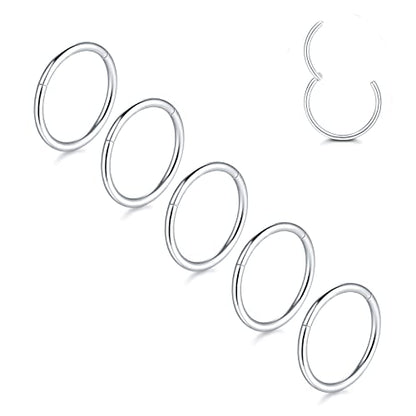 Aumeo 14G 16G 18G 20G Nose Ring Hoop Stainless Steel Hinged Segment Rings Hoops Nose Clicker Ring Tragus Helix Cartilage Daith Rook Earring Piercing Jewelry for Women Men - style: 5pcs 20g 8mm Silver