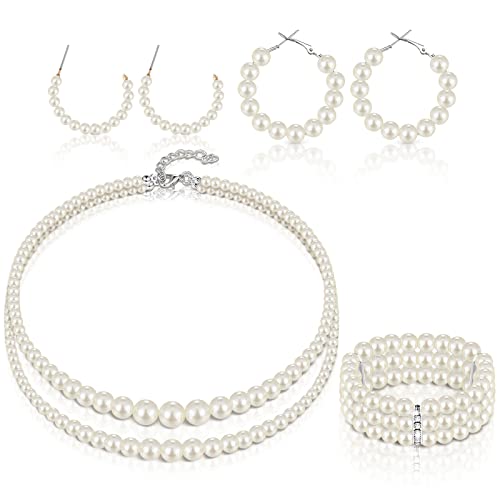 Glenmal Pearl Rhinestone Jewelry Set for Women Pearl Necklace Bracelet Earrings for Wedding Halloween Bridal Shower Tea Party - style: Simple Style
