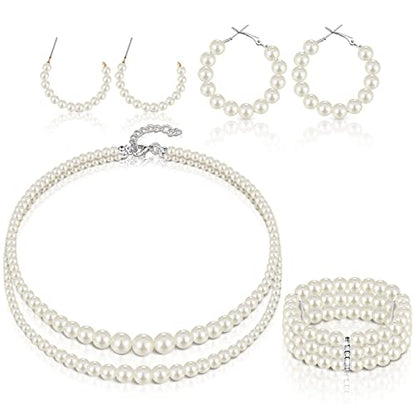 Glenmal Pearl Rhinestone Jewelry Set for Women Pearl Necklace Bracelet Earrings for Wedding Halloween Bridal Shower Tea Party - style: Simple Style