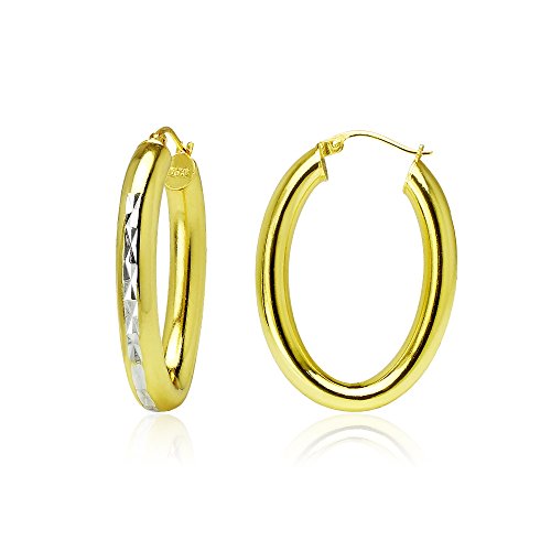 Hoops & Loops 925 Sterling Silver 4.5mm Thick Oval Diamond-Cut Hoop Earrings, 25mm 30mm, Silver, Yellow Gold, Rose Gold & Black - color: Yellow Gold 25mm-1''