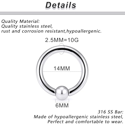 12G 10G 8G 6G 4G 2G 0G 00G Large Septum Rings Gauges Earrings Hoops 316L Surgical Steel Spring Action Captive Bead PA Ring CBR Septum Nose Rings Piercing Jewelry for Women Men - color: Silver, size: 10G=2.5mm Inner Dia: 9/16" (14mm)