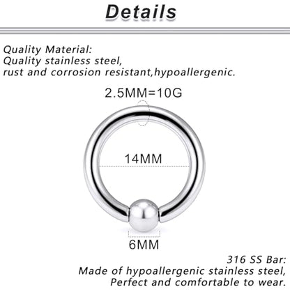 12G 10G 8G 6G 4G 2G 0G 00G Large Septum Rings Gauges Earrings Hoops 316L Surgical Steel Spring Action Captive Bead PA Ring CBR Septum Nose Rings Piercing Jewelry for Women Men - color: Silver, size: 10G=2.5mm Inner Dia: 9/16" (14mm)