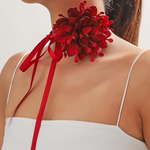 Rose Black Velvet Floral Choker Necklace - Camellia Daisy Rosette - Spring Summer Flower Jewelry - color: Red 3