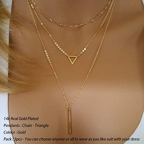 Turandoss Gold Layered Necklaces for Women - 14K Gold Plated Handmade Multilayer Bar Pearls Coin Disc Moon Butterfly Medallion Adjustable Dainty Layered Choker Necklaces for Women Jewelry - style: "3 Layered Necklace - Chain&Triangle&Bar