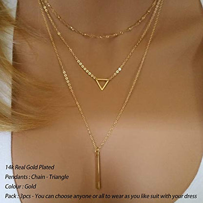 Turandoss Gold Layered Necklaces for Women - 14K Gold Plated Handmade Multilayer Bar Pearls Coin Disc Moon Butterfly Medallion Adjustable Dainty Layered Choker Necklaces for Women Jewelry - style: "3 Layered Necklace - Chain&Triangle&Bar