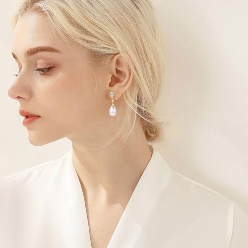 925 Sterling Silver Pearl Drop Earrings for Women, June Birthstone Long Dangle Pearl Jewelry Gifts for Her - color: 13mm Gold