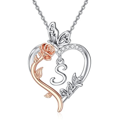 TOUPOP Gifts for Women Her 925 Sterling Silver Rose Heart Initial Necklace Butterfly Heart Jewelry Anniversary Birthday Gifts for Wife Girlfriend Mom - color: S Initial