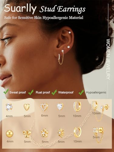 Hypoallergenic Small Gold Stud Earrings for Women 14K Gold Plated CZ Chain Hoops Hypoallergenic Earrings Dainty Clover Flower Heart Bow Stud Earrings for Jewelry Gift - color: gold
