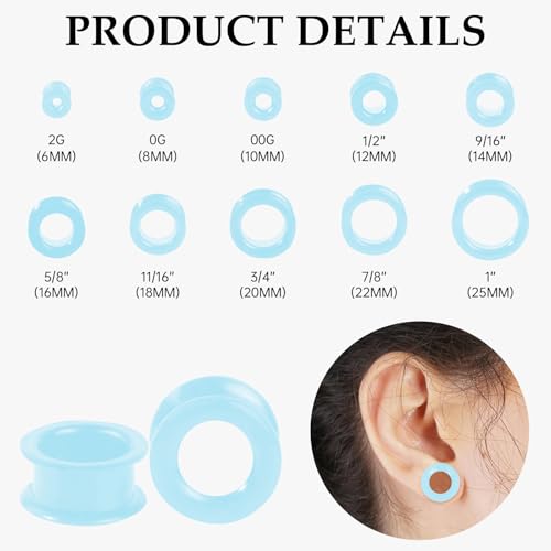 20Pcs Silicone Ear Gauges 2G-25mm Flexible Ear Tunnels Gauges Soft Expander Stretching Ear Plugs Tunnels Black Earring Piercings Jewelry for Men Women - color: Thick Lake Blue Silicone