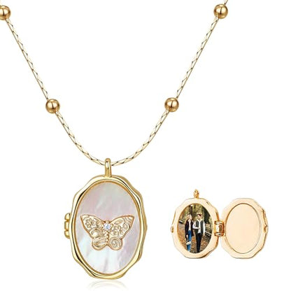 Locket Necklace for Women, Vintage Dainty Gold Heart Oval Butterfly Star Moon Engraved Picture Photo Lockets Pendant Necklaces Memorial Necklace Personalized Jewelry Valentine Gifts - style: Oval Butterfly