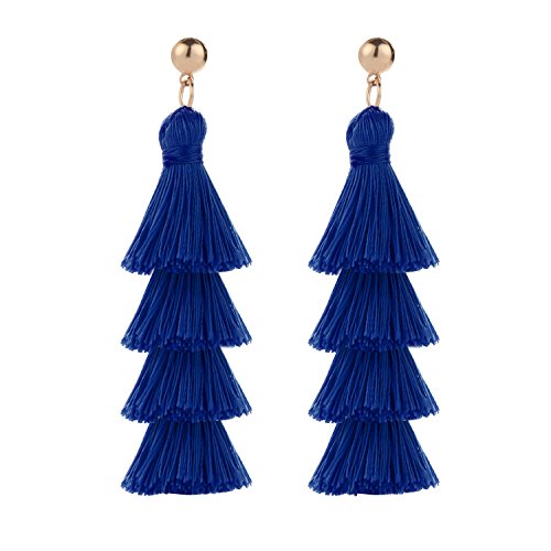 BaubleStar Bohemian Layered Tassel Drop Earrings for Women | Lightweight Statement Party Festival Jewelry - color: Royal Blue