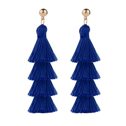 BaubleStar Bohemian Layered Tassel Drop Earrings for Women | Lightweight Statement Party Festival Jewelry - color: Royal Blue