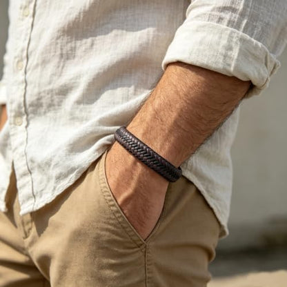 Italian Handmade Leather Bracelets for Men - color: Brown Braided, size: 8.2"