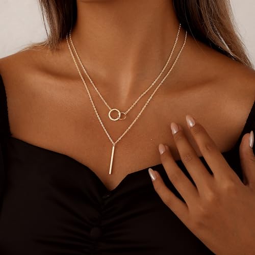 Layered Necklaces for Women 14K Gold Plated Stack Circle Pendant Trendy Long Chain Stackable Handmade Coin Necklace Set Dainty Gold Stacked Jewelry Gifts - color: Gold-6