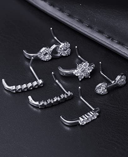 Akeoqi 6-12Pcs Nose Studs Nose Ring Inlaid Cubic Zirconia L Shaped Studs Lotus Star Heart Nose Nostril Piercing Jewelry for Women Men Sliver Gold Rose Gold Tone 20G - color: A: Silver