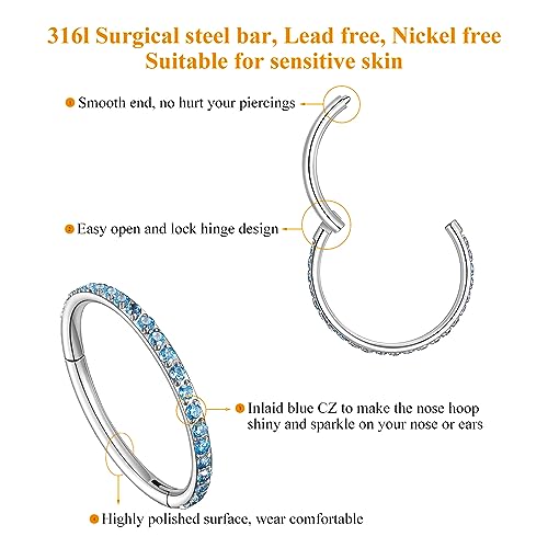 MissNity 20G, 18G, 16G, 14G Hinged Nose Rings Hoop with Gem in 316L Surgical Steel, Septum Clicker Cartilage Earrings Conch Daith Helix Rook Ear Lobe Piercing Jewelry, Diameter 6mm to 12mm - color: 06: Steel - Blue CZ